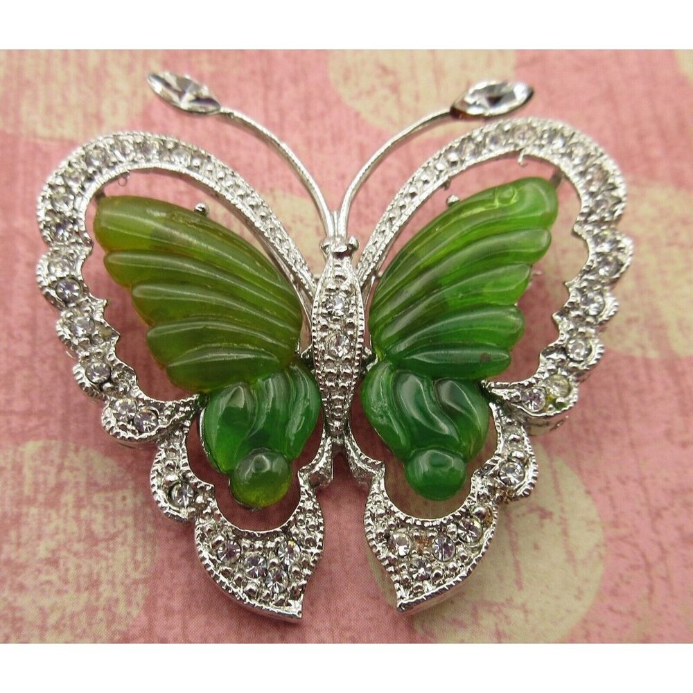 Vintage SAMO 1007 Green Faux Jade Rhinestone Silver Tone Butterfly Brooch Pin